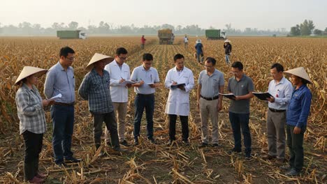 experts conduct research in rice field amidst harvesting operations: an in-depth examination of agricultural practices and crop quality management