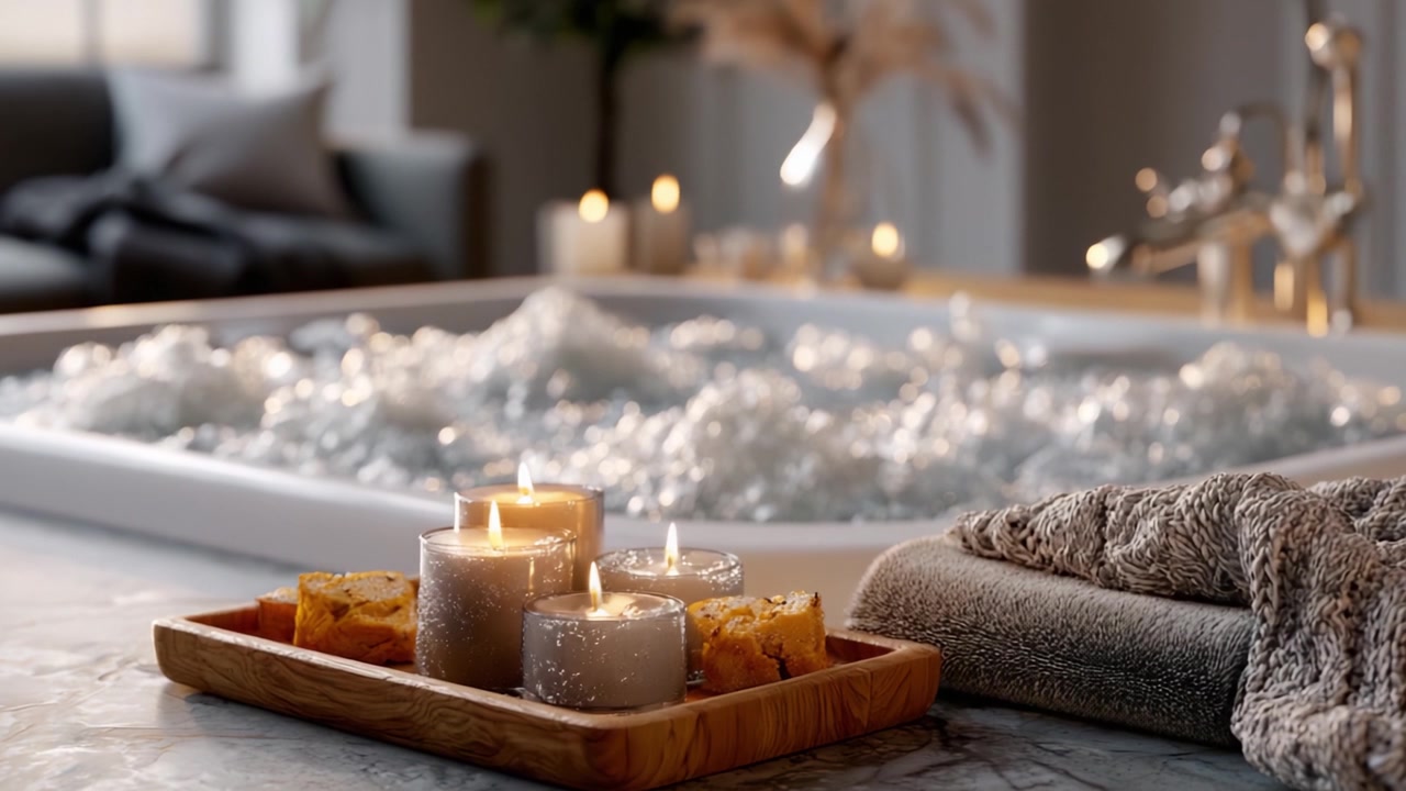 Indulge in Serenity: A Luxurious Bathing Experience with Relaxing Aromas, Soothing Candles, and Plush Textiles in an Elegant Setting
