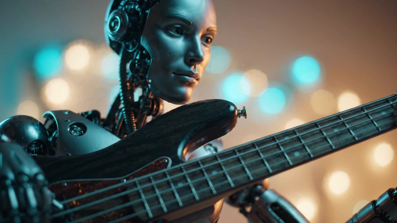 En robotfigur spiller dygtigt basguitar, der viser en blanding af teknologi og kunstnerisk talent mod en skinnende, blødt oplyst baggrund af slørede lys.