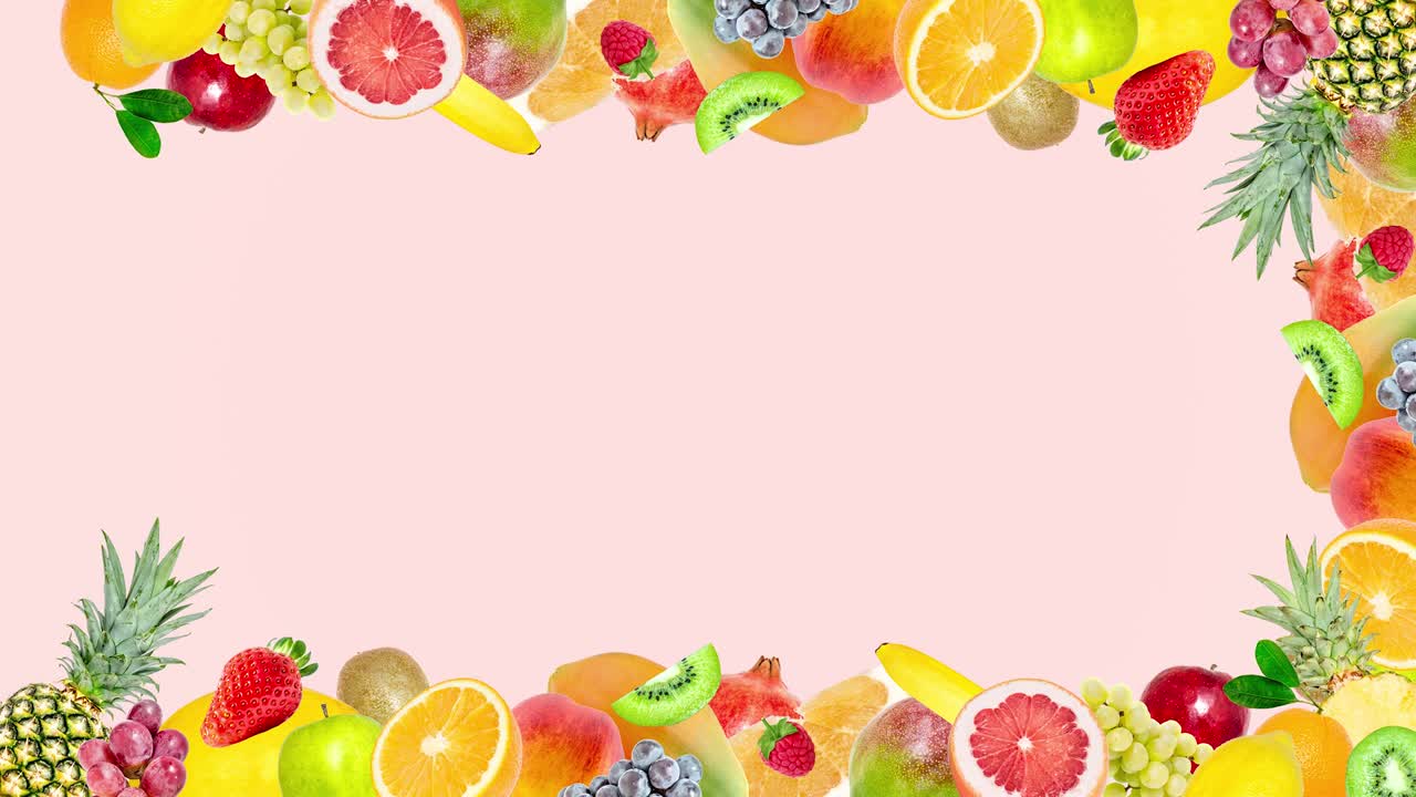 Creative 4k stop motion video animation of many different exotic tropical bright fruits frame quickly appearing and disappearing on a summer soft pink color background. Seamless loop.