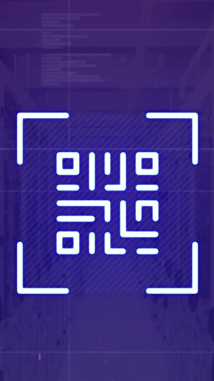 Animation of neon qr code scanner and data processing against computer server room
