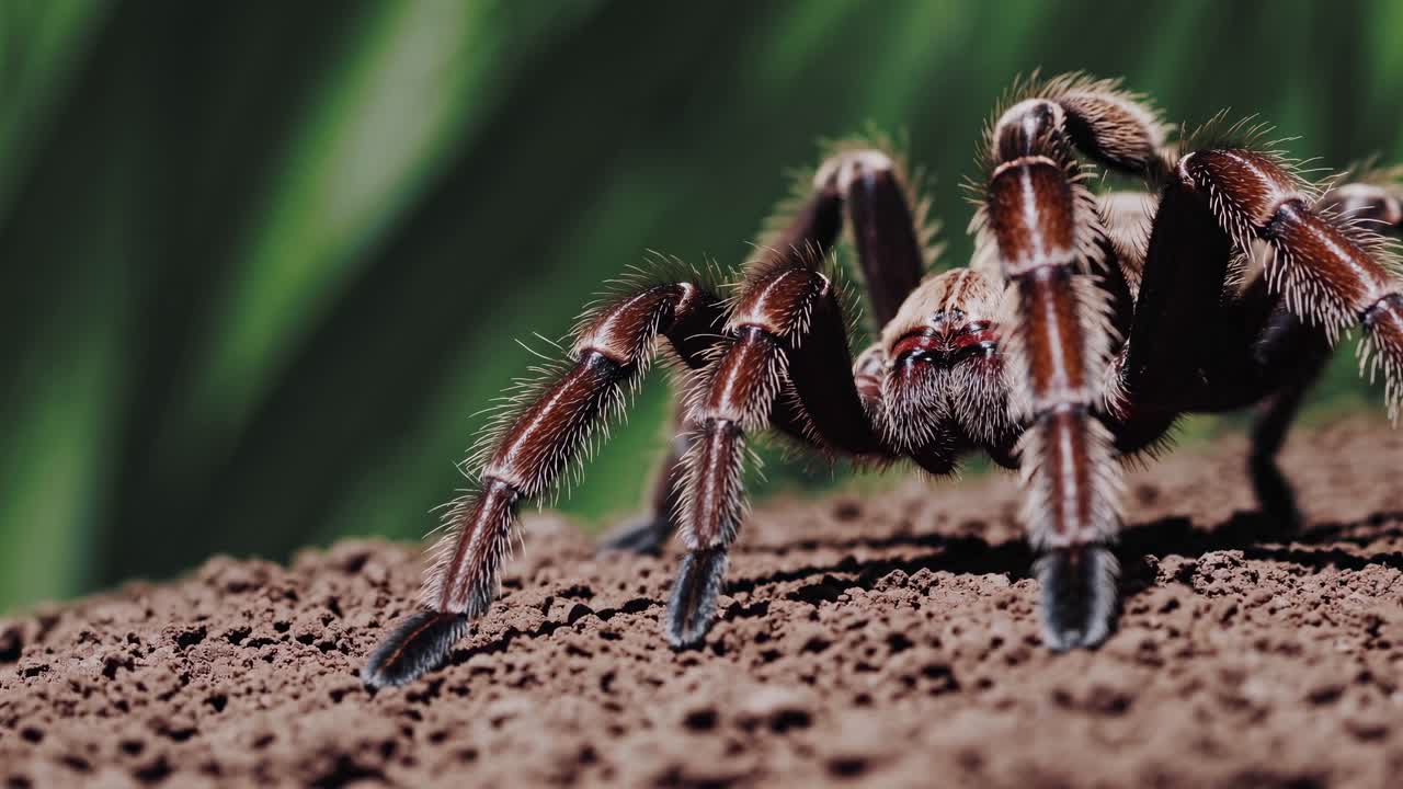 Close-up, low-angle video shot of a tarantula on textured soil, highlighting its detailed legs