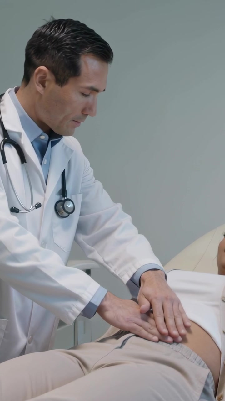 Video vertical: Acercamiento a un médico con bata de laboratorio palpando el abdomen en una clínica para comprobar la sensibilidad.