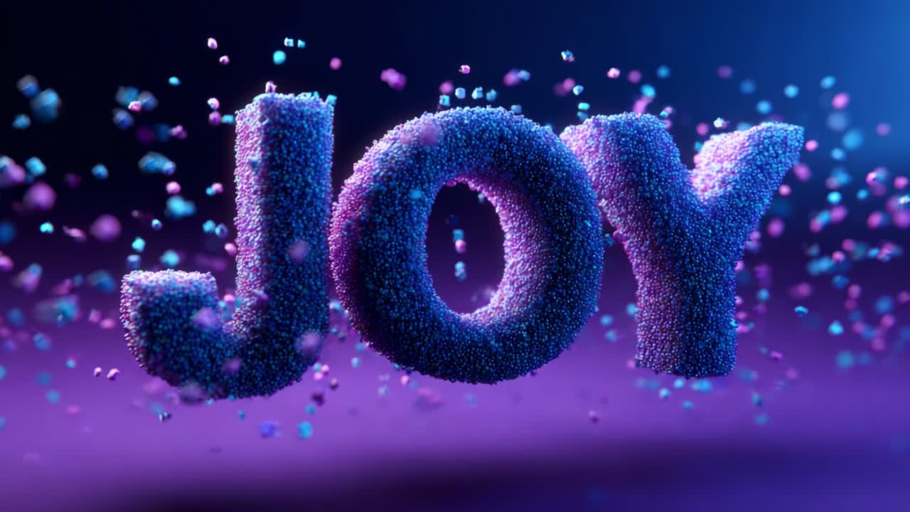 A mesmerizing visual representation of the word 'JOY' created using vibrant colors and intricate textures, capturing the essence of happiness with particles swirling around in an artistic display