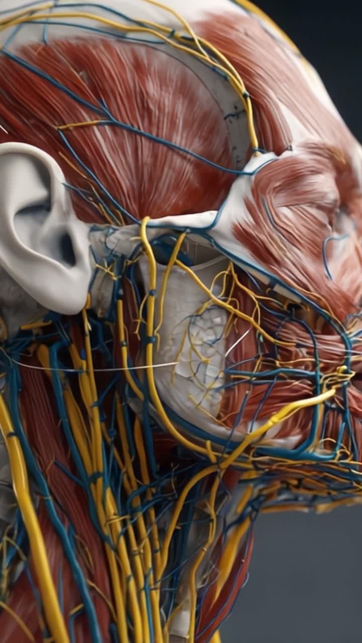 Visualizzazione anatomica dettagliata della muscolatura e delle strutture neurovascolari della testa umana, che mostra intricate relazioni nell'anatomia della parte superiore del corpo.