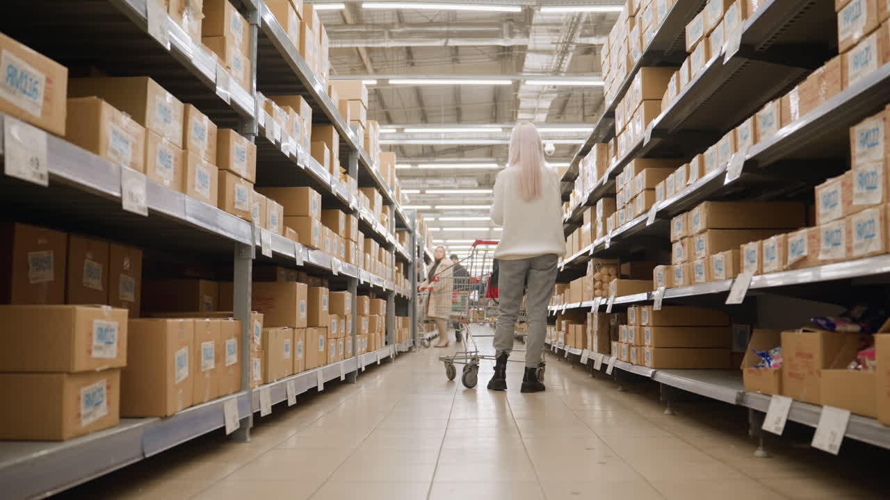 Back lower view of young woman picking item from shelf and dropping it into her cart while another shopper passes in store aisle lined with cardboard cartons on metal shelves in bright environment