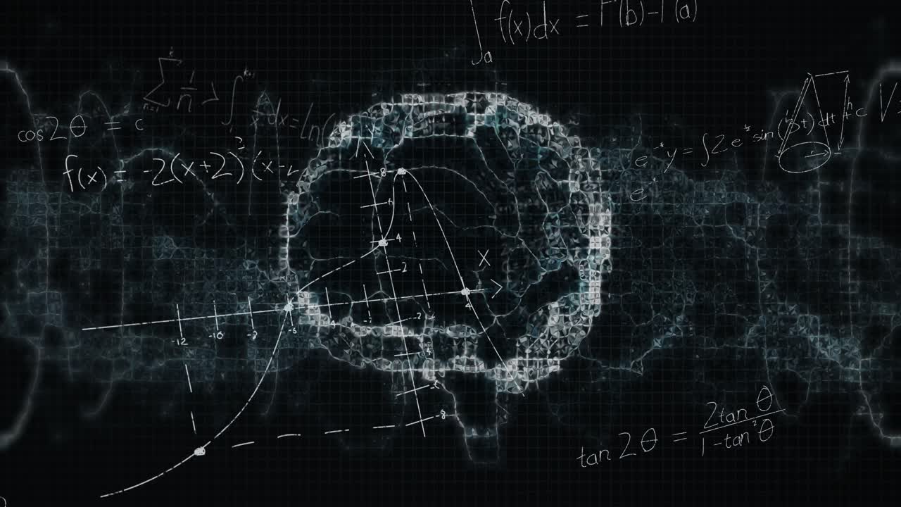 Animation of mathematical equations over digital model of human brain on black background