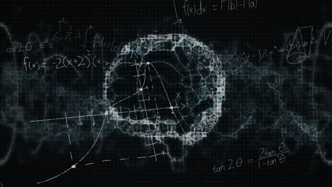 animación de ecuaciones matemáticas sobre un modelo digital del cerebro humano sobre un fondo negro
