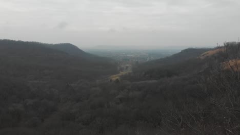 Aerial-footage-Mountains-on-a-cloudy-day,-dry-trees,-April-in-Wisconsin