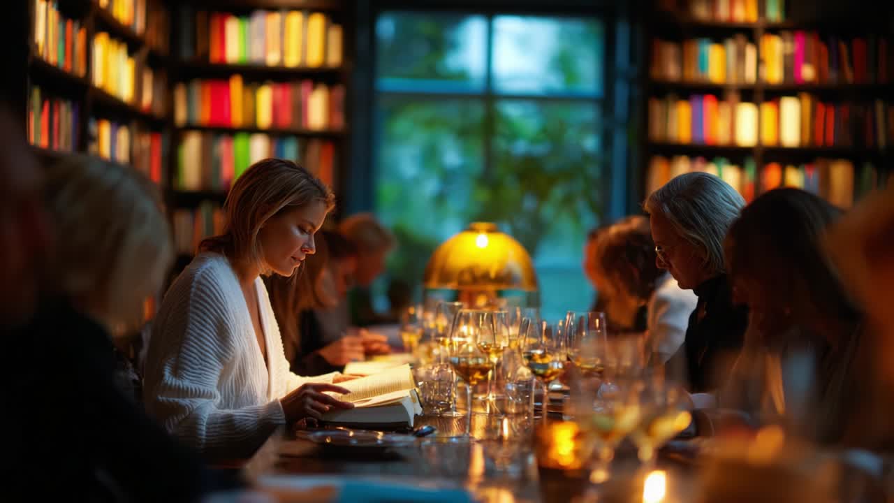 A group of people at a book club meeting with wine and a bookshelf in the background