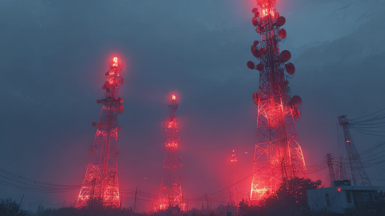 Eerie telecommunication towers glowing with intense red lights against a dark, foggy sky, symbolizing modern connectivity, surveillance, data transmission, and the unseen digital infrastructure