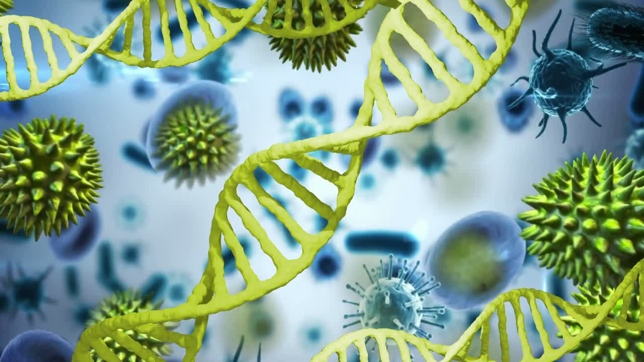 animación de cadenas de adn y células de virus sobre un fondo blanco