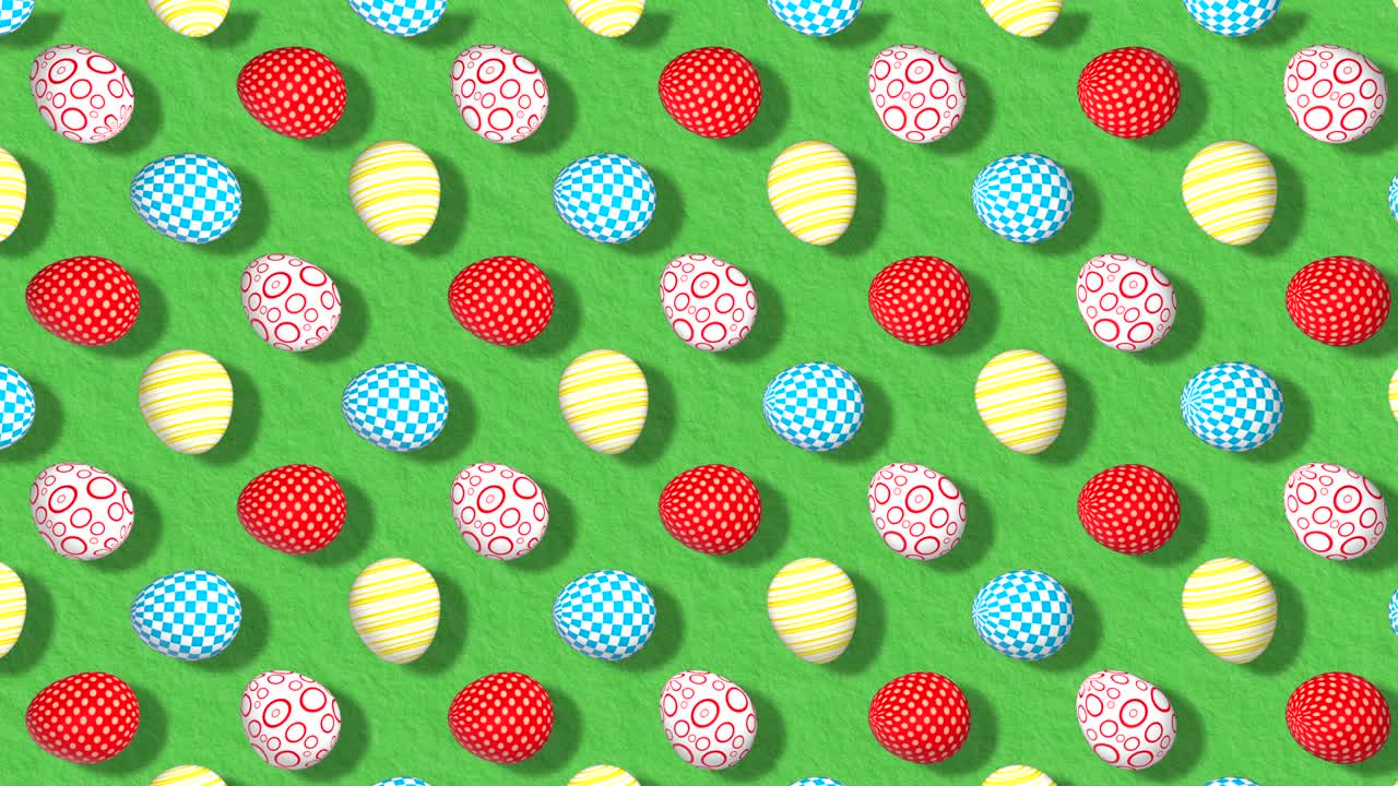 красочный фон с пасхальными яйцами на траве. праздничный фон для поздравительной карточки instagram, facebook, канала youtube. анимация 3d-рендер, цикл 4k
