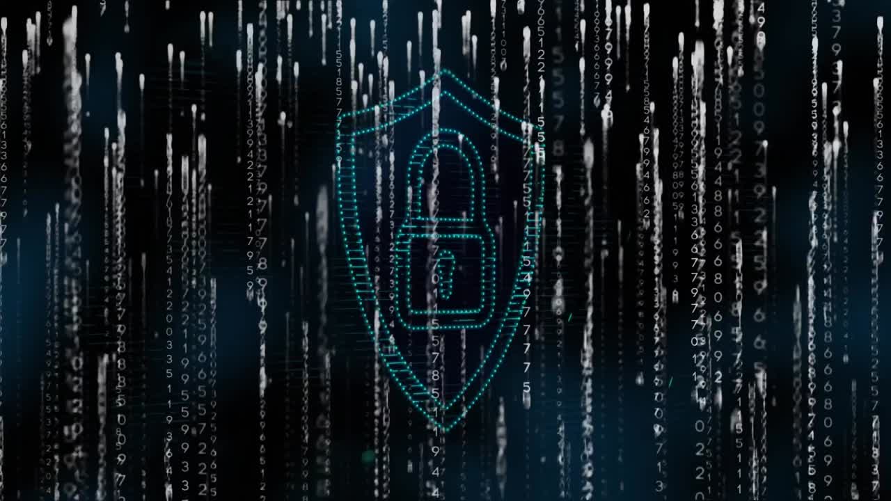 Animation of padlock and data processing over dark background
