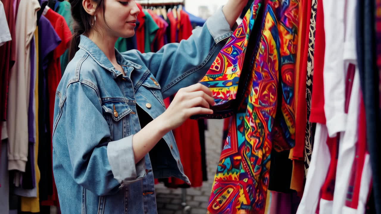 Woman Shopping at a Vintage Clothing Market