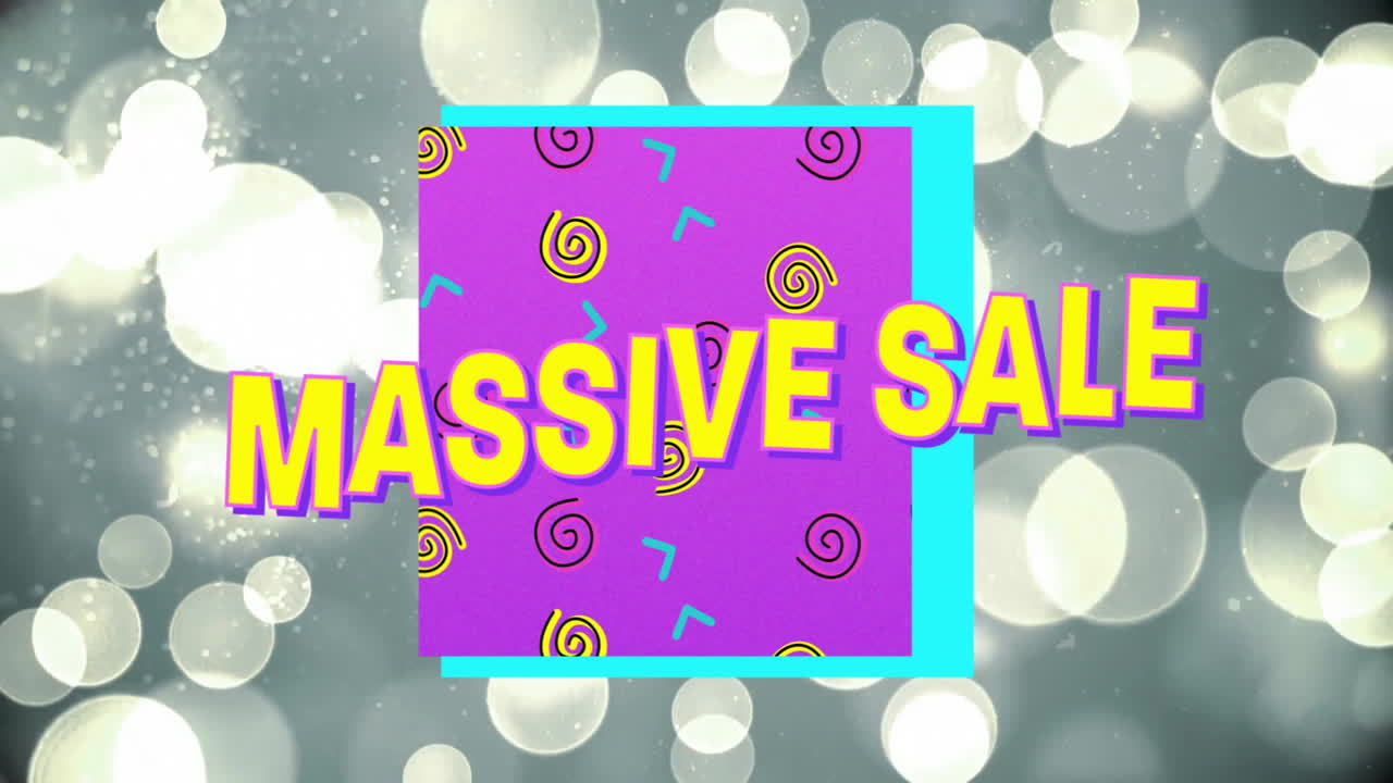 Sale graphic showcasing massive sale text floating over purple patterned box with turquoise frame