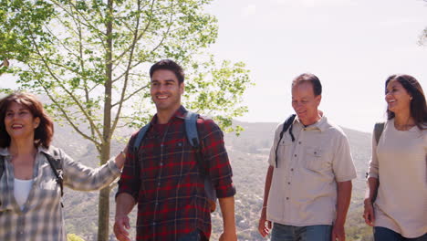 young couple and senior parents walking in mountains by lake