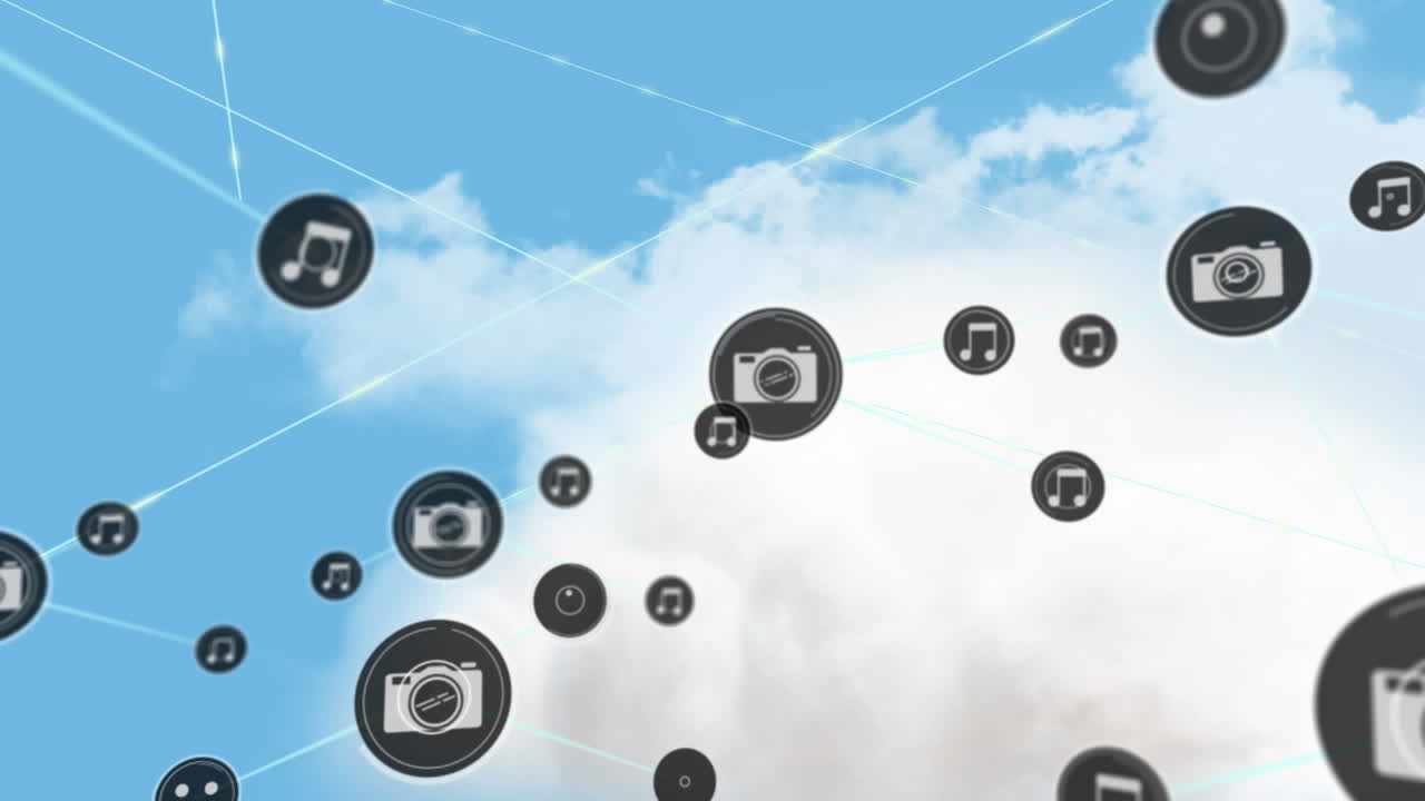 하늘 위의 아이콘으로 연결 네트워크의 애니메이션