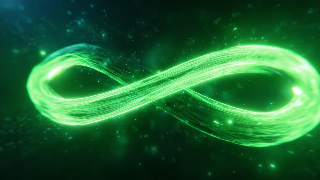 Green shimmering light forming an infinite loop symbol with glowing particles floating against a dark, cosmic background representing concepts like eternity, future, and limitlessness