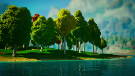 Paisaje-De-Bosque-Verde-De-Dibujos-Animados-Con-árboles-Y-Lago