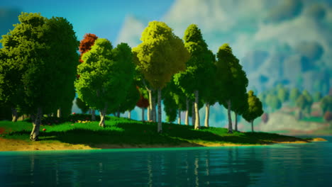 paisaje de bosque verde de dibujos animados con árboles y lago