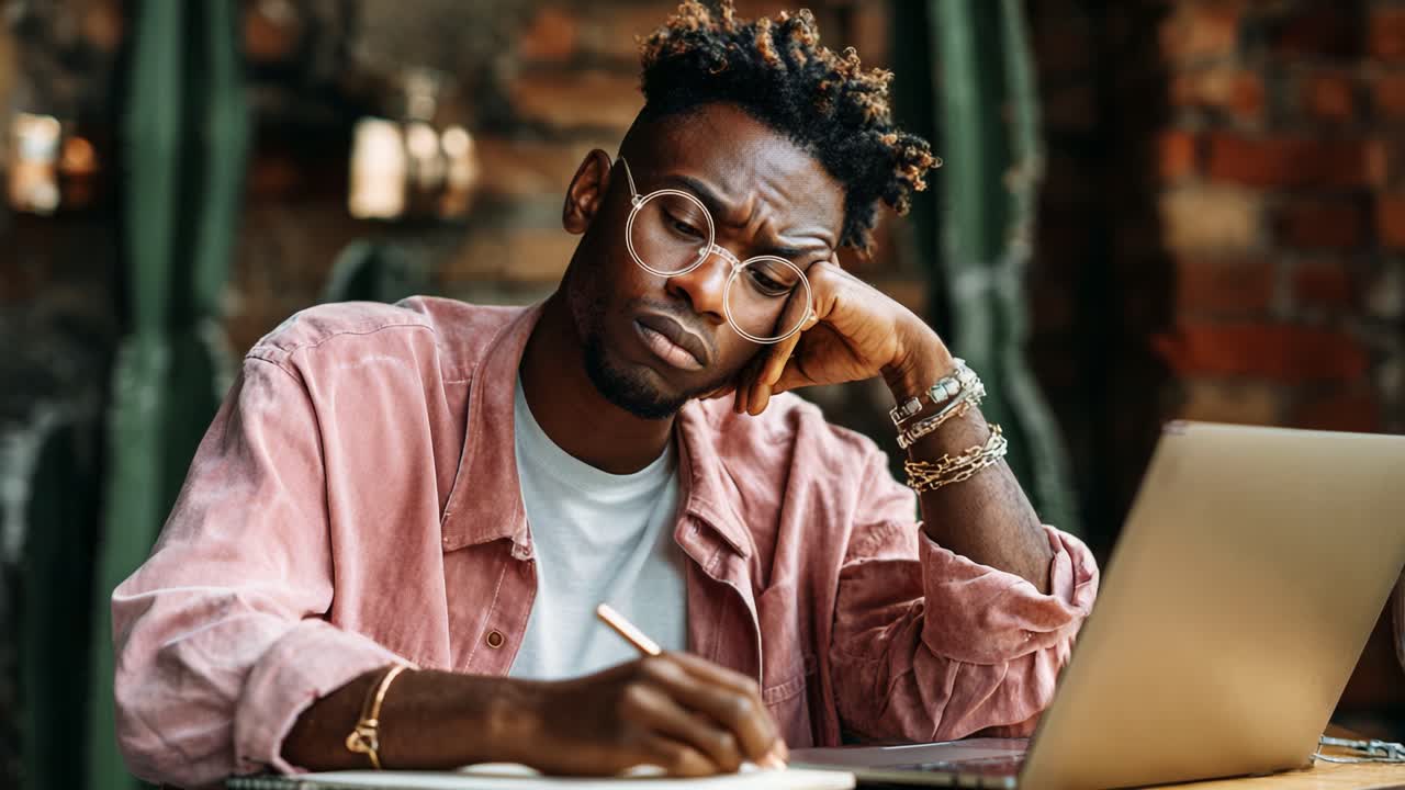 A Young Man Contemplating His Thoughts While Sketching in a Cozy Cafe, Balancing Creativity and Inspiration in a Relaxed Setting with a Laptop Nearby