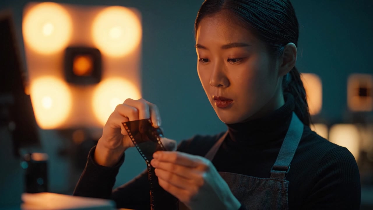 A focused young woman meticulously inspecting film negatives in a dimly lit studio, showcasing her commitment to photography and the art of developing images.