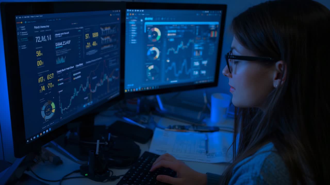 Settling into chair, data analyst typing, monitoring dashboard in office, with monitors, copy space