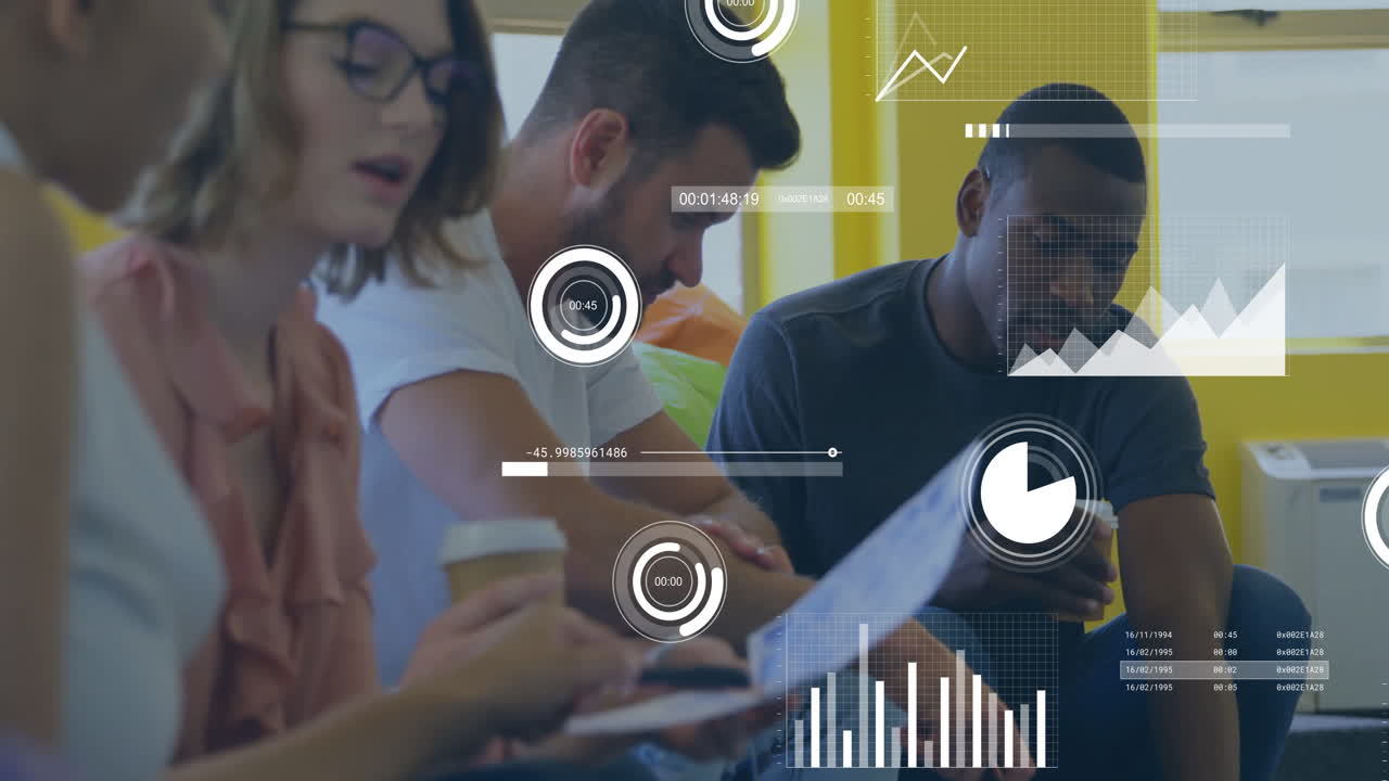 Animation overlay in modern office, diverse group collaborating on digital data