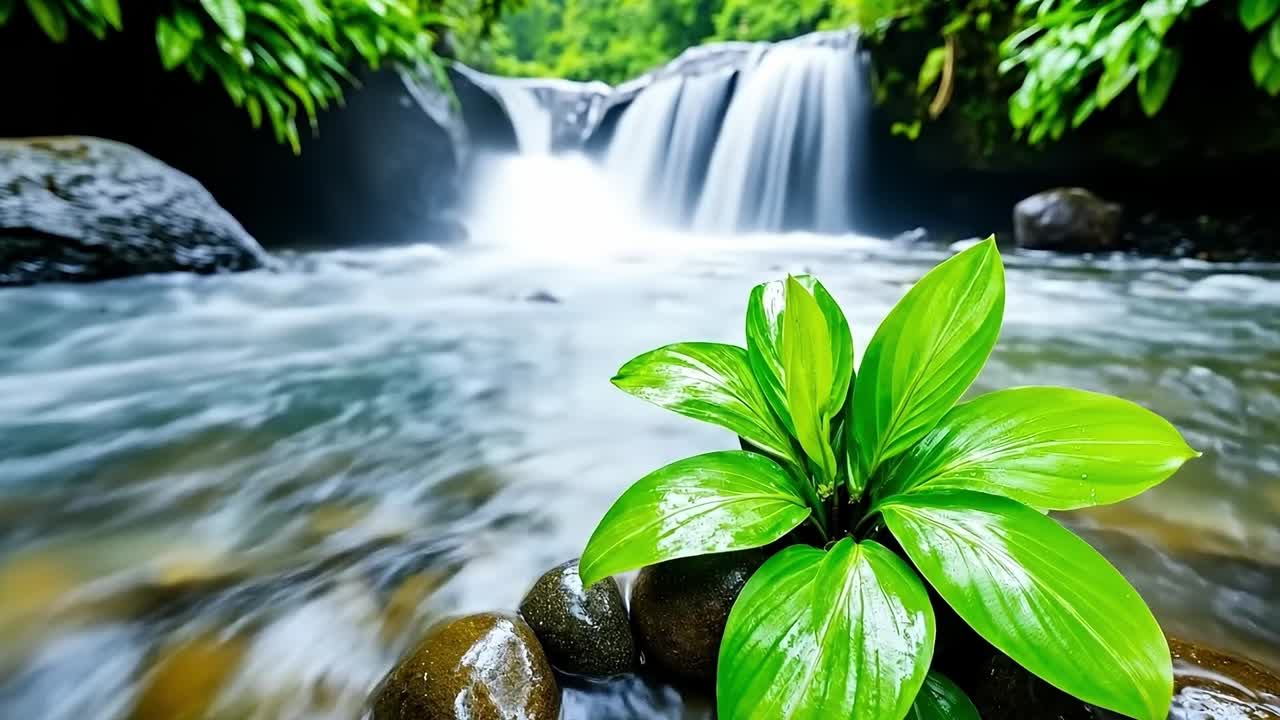 A green plant sitting on top of a rock next to a waterfall