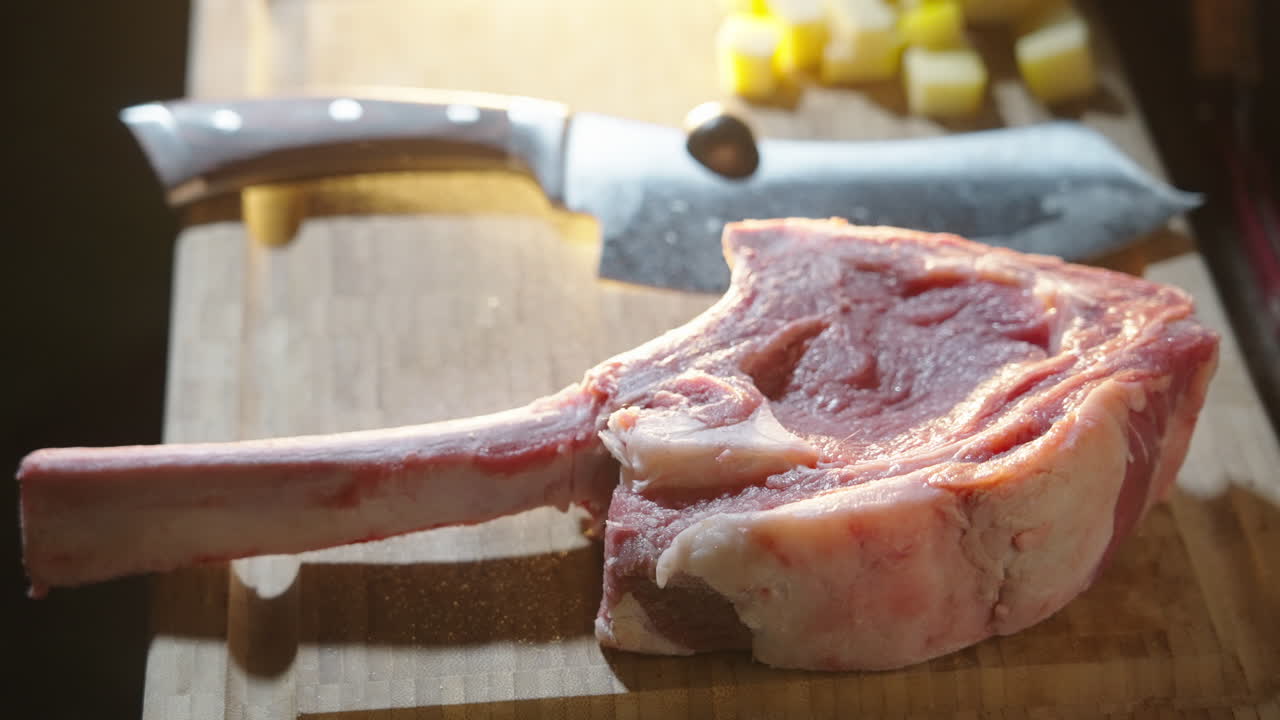 Seasoning a Raw Tomahawk Steak on a Wooden Cutting Board
