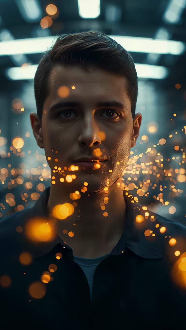 Vídeo vertical: faíscas quentes subindo e formando uma coluna de luz ao redor de um homem de camisa em um corredor, iluminando o rosto