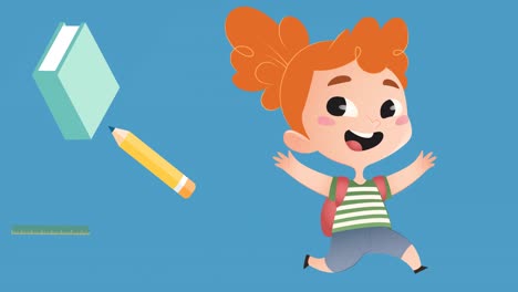 animación de iconos digitales de escolares y artículos escolares en fondo azul