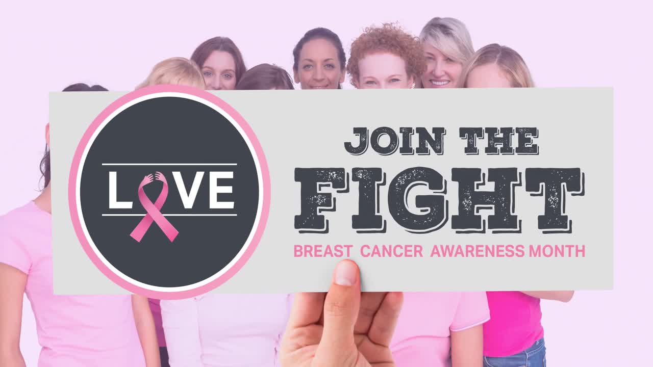animación del logotipo de la cinta rosa y el texto del cáncer de mama sobre un grupo de un grupo diverso de mujeres