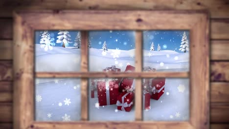 Animation-Von-Schnee,-Der-über-Weihnachtsgeschenke-Fällt,-Und-Einer-Winterlandschaft,-Die-Durch-Das-Fenster-Gesehen-Wird