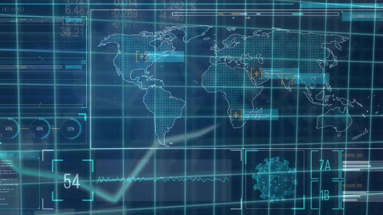 Animation of a grid with a graph over a world map with statistics