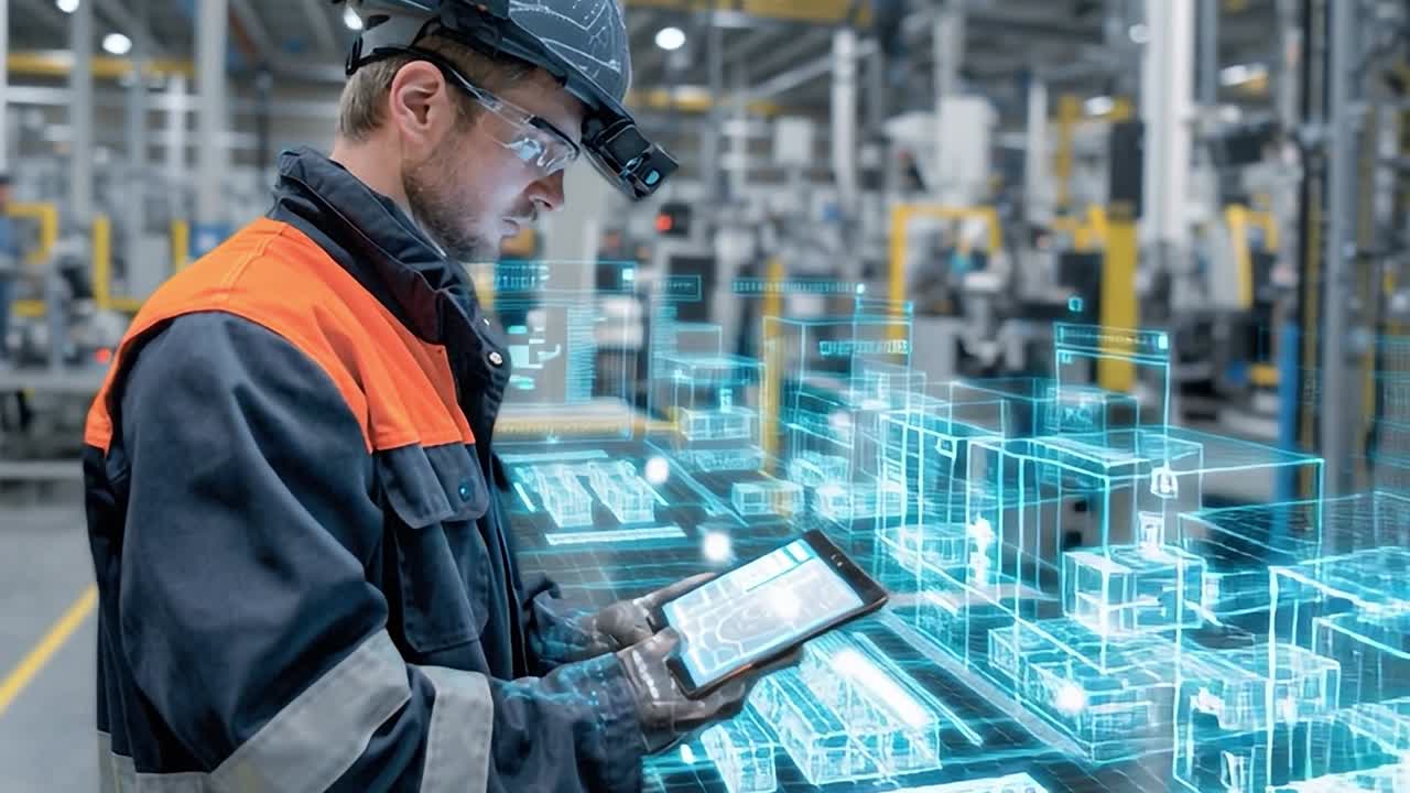 Worker uses tablet in a high-tech manufacturing facility