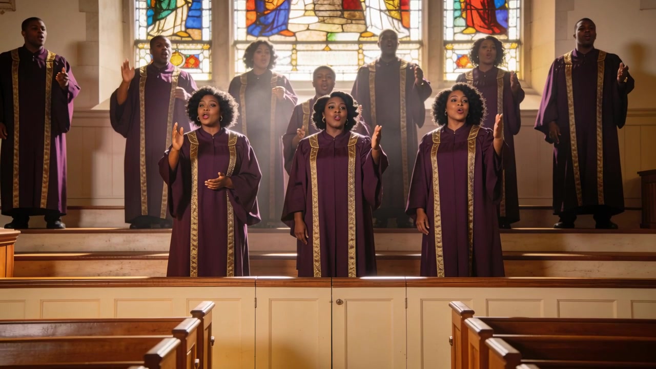 After hymn cue, choir raising hands, projecting worship in sanctuary in purple robes, stained-glass
