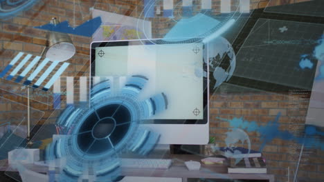 futuristic digital interface animation over computer screen in modern office setting