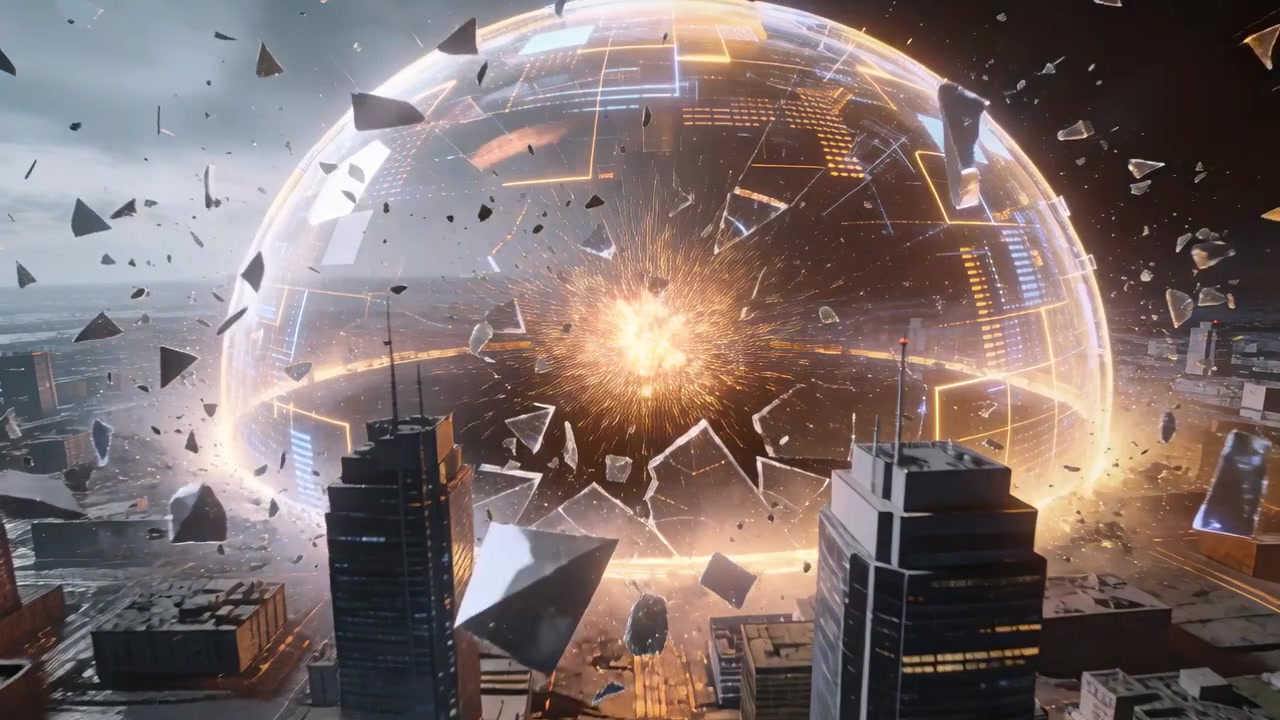 Cracking lit dome circuited ejecting shards after center blast over coastal city forming void