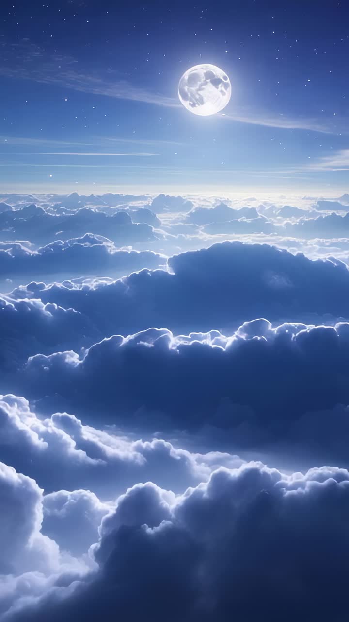 Vertical video: Starting full moon hovering above drifting clouds, evoking calm under pulsing stars