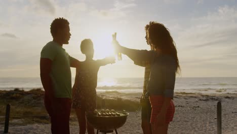 vrienden drinken bierflessen op het strand.