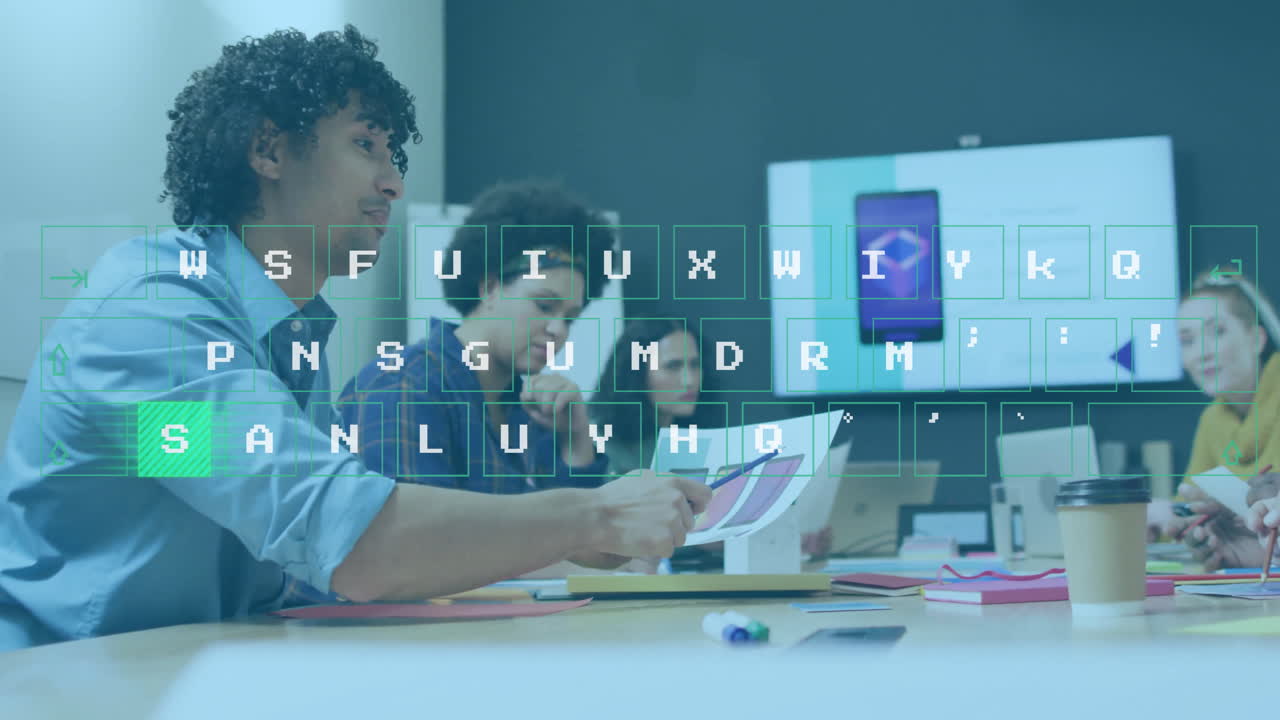 Team collaborating in office with keyboard animation over scene
