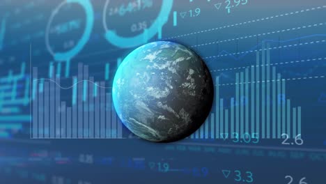 animation of spinning globe over statistical and stock market data processing on blue background