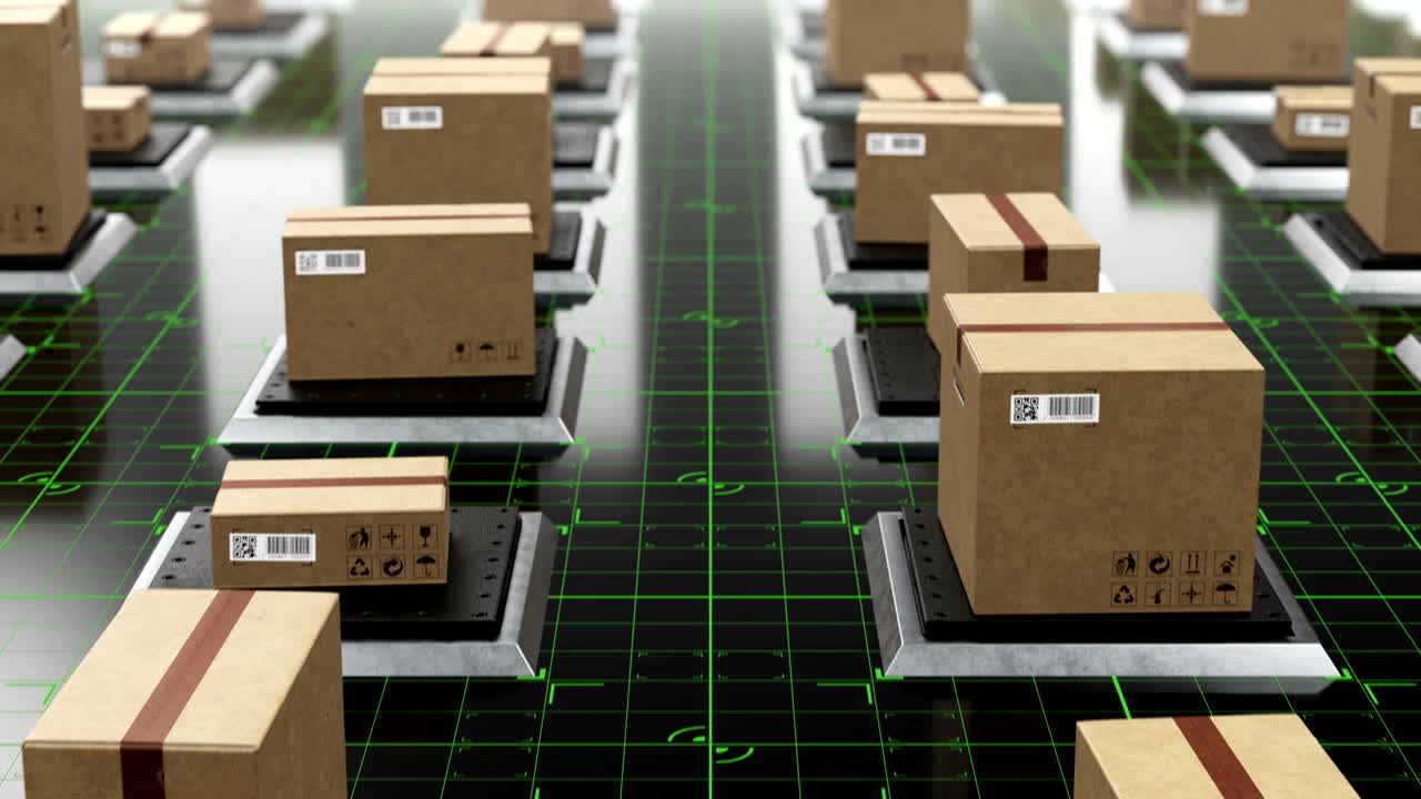 엘리베이터에 카드보드 상자를 가진 아름다운 미래의 하이테크 창고, 디지털 바닥에 자동화 된 파클의 3d 애니메이션, qr 코드, 저장 및 물류 개념.