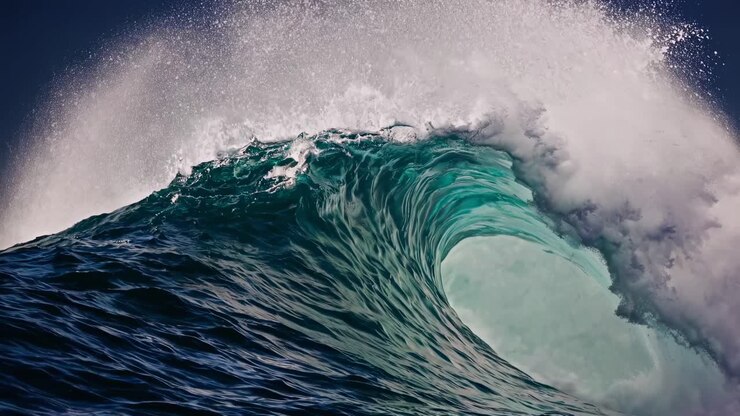 Dynamic close-up of a powerful ocean wave curling mid-break, captured from a low angle