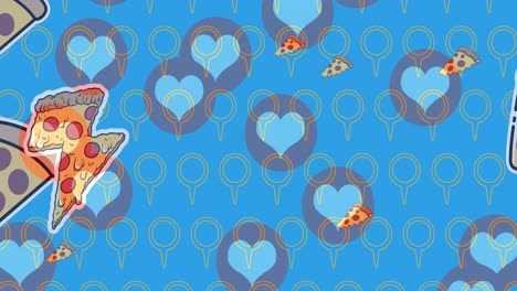 Multiple-red-heart-and-pizza-slice-icons-against-blue-background