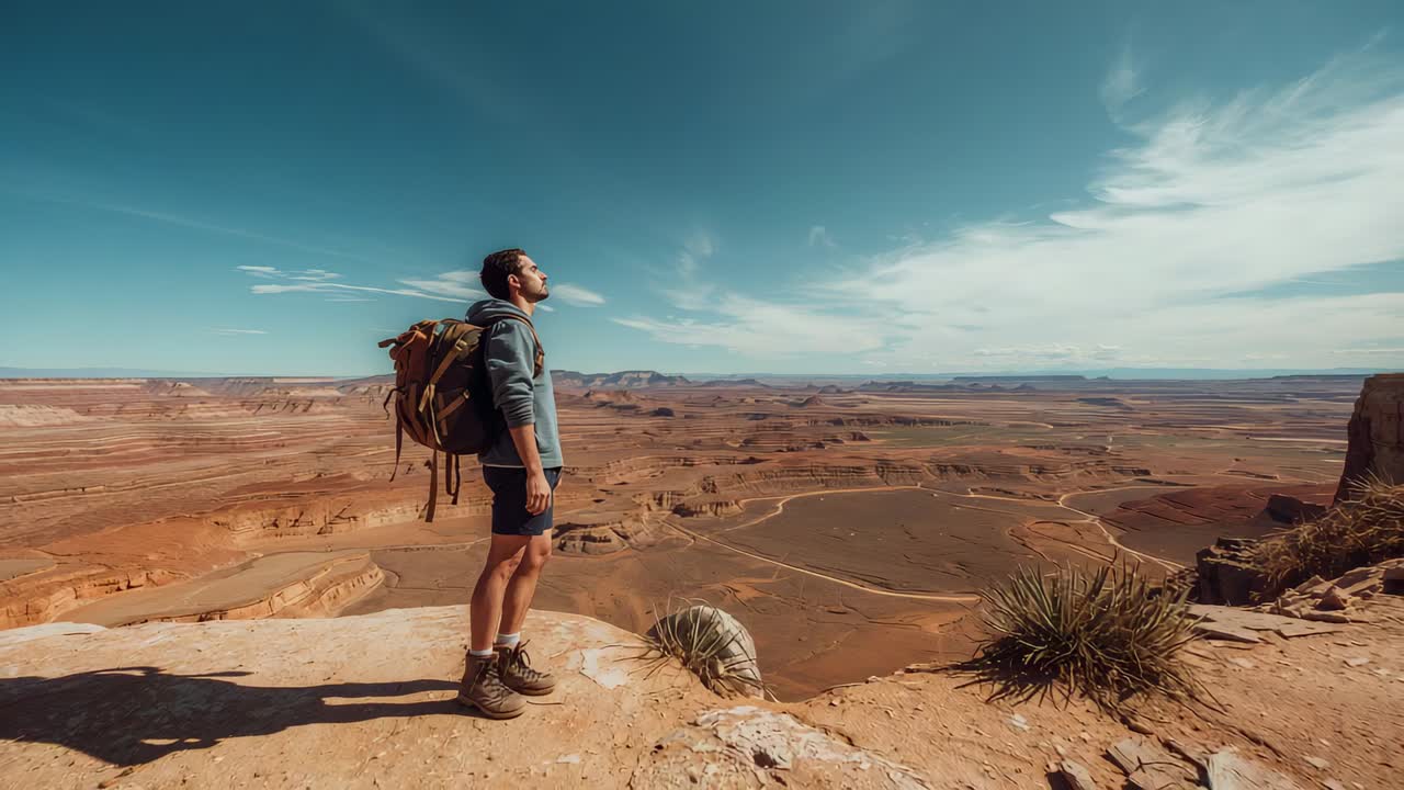 Reaching cliff rim, hiker standing, taking in canyon view, wearing hoodie and backpack, copy space