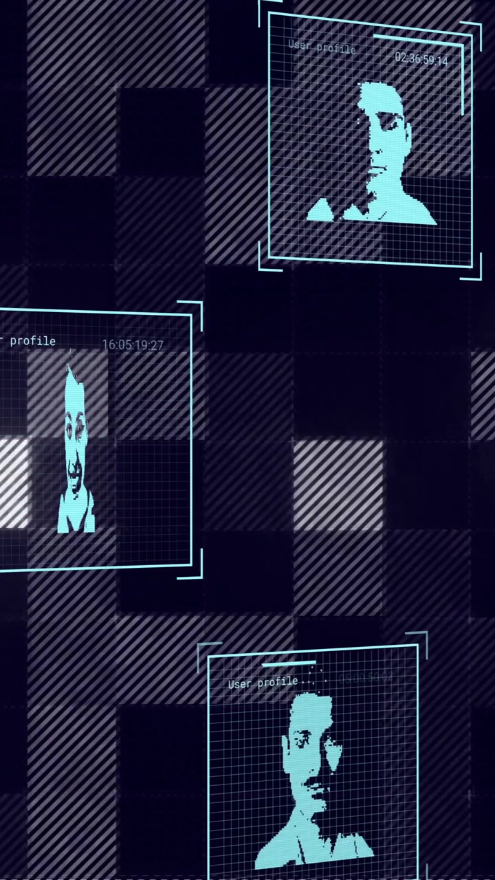 Animation of data processing with people portraits over glowing squares on black background