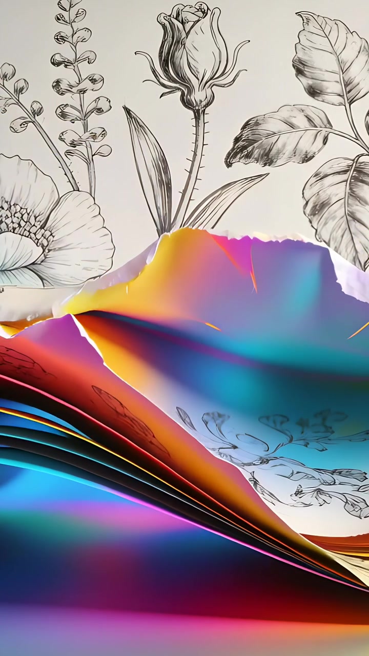 Video vertical: Animación comenzando, capas coloridas rasgadas revelando un boceto botánico a lápiz en la pared.